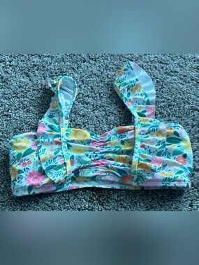 SHEIN Floral Ruffle Bikini Top in Aqua, Yellow, Pink